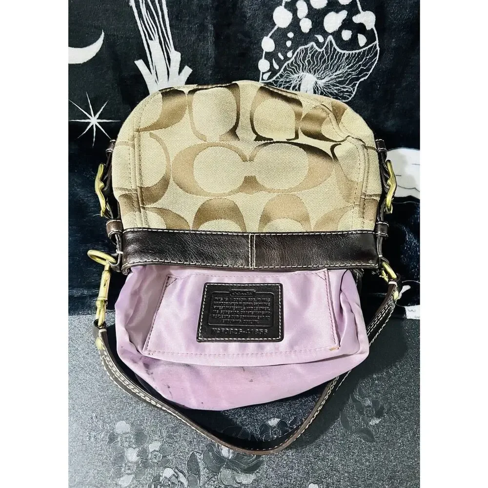Coach 41856 Zoe Mini Signature Khaki Brown Canvas Leather Shoulder Bag